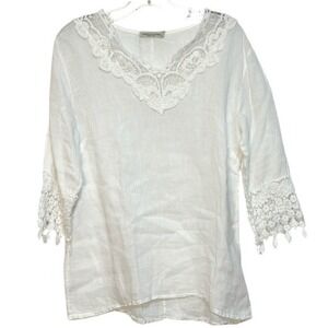 Vanessa Alexandra Tunic Women White 100% Linen Crochet Lace Boho Fairy Italy  M
